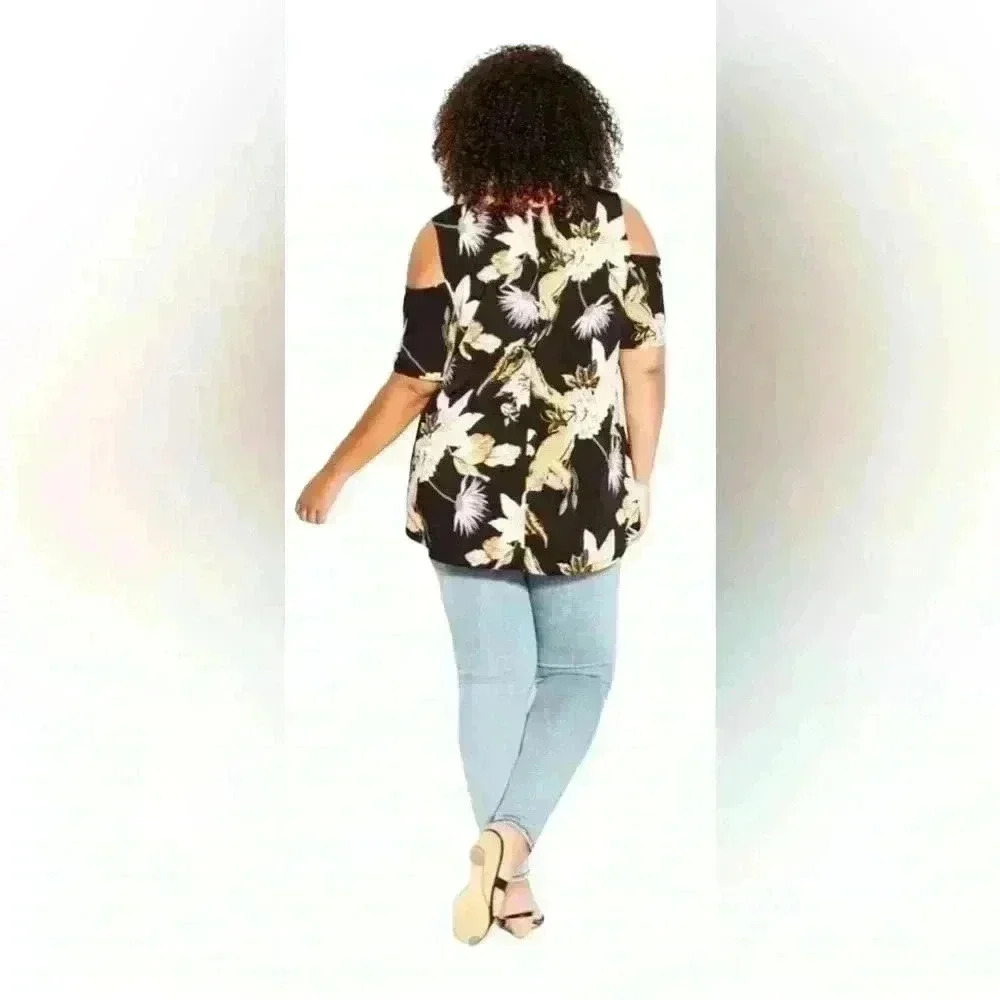🆕City Chic Black Floral Cold Shoulder Print Top - Picture 2 of 13